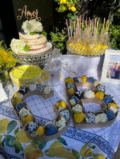 a table topped with cakes and desserts on top of a blue and white table cloth