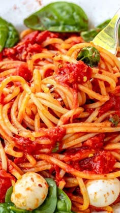 spaghetti with tomato sauce and spinach in a white bowl