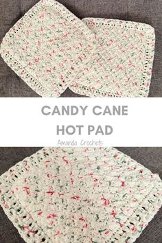 crocheted candy cane hot pad is shown in three different colors