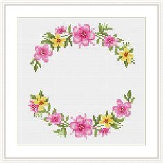 a cross stitch pattern with pink and yellow flowers