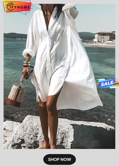 White Casual V Neck Plain Weaving Dress Loose Shirt Dress, Beach Party Dress, Shirt Dress Summer, Casual Long Sleeve Shirts, Ținută Casual, Printed Shirt Dress, Shirt Dress Casual, Loose Shirts, Moda Vintage