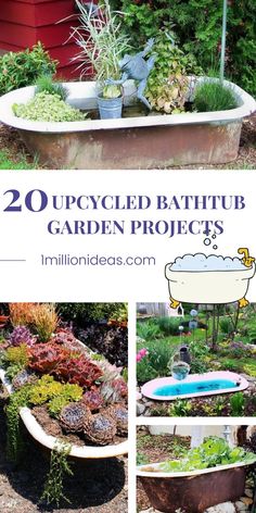 an old bathtub garden project with lots of plants in it and the words 20 upcycled bathtub garden projects