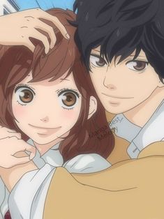 two anime characters with brown eyes and long hair, one is holding the other's head