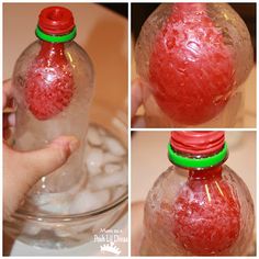 four pictures show how to make an apple in a glass bottle with red and green caps