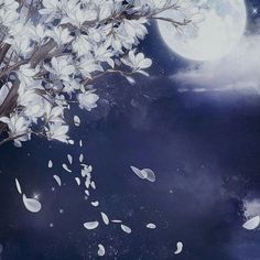 a tree with white flowers in front of a full moon and stars on the sky