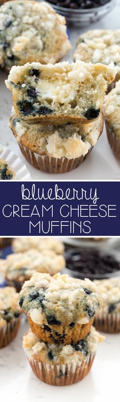 blueberry cream cheese muffins are stacked on top of each other and ready to be eaten