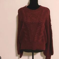 Chunky Knit Sweather Casual Knitted Burgundy Sweater, Casual Burgundy Knitted Sweater, Cozy Red Acrylic Sweater, Red Knit Cropped Sweater With Long Sleeves, Red Long Sleeve Knit Cropped Sweater, Winter Pointelle Knit Cropped Crew Neck Sweater, Red Chunky Knit Top, Red Cable Knit Sweater For Fall, Red Soft Knit Sweater For Fall