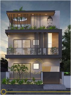 an artist's rendering of a two story house with balconies and plants on the balcony