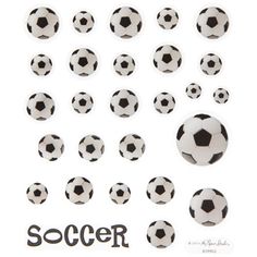 a bunch of soccer balls sitting on top of a white sheet with the word soccer written below them