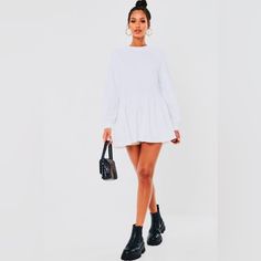 Nwot White Long Sleeve Misguided Baby Doll Dress White Mini Dress With Ruffle Hem, Chic White Smock Mini Dress, White Smock Mini Dress For Day Out, White Smocked Mini Dress For Day Out, White Ruffled Mini Dress For Fall, Sweater Dress Oversized, Missguided Dress, Flare Sleeve Dress, Baby Doll Dress