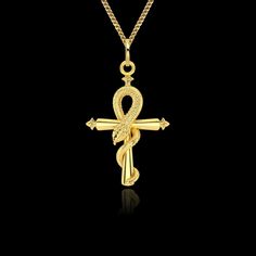 "P E N D A N T * D E T A I L S (Item currently in stock in 14K Yellow gold and ready for same-day shipping) This Pendant is made of Real SOLID gold. * Made in USA * Metal/purity: 14k, 18k gold * Finish: polished * Height: 1.5\" (38 mm) * Width: 1\" (26,7 mm) * Pendant weight (approx.): 5.5-6 grams in 14k * Bail: 8 mm (fits up to 4 mm chains) * Gender: unisex * This pendant is solid, not hollow in the back * Ships from Los Angeles C H A I N * O P T I O N * Chain style & thickness: 1.5mm chain * L Spiritual Ankh Necklace In Yellow Gold, Gold Cross Necklace For Ceremonial Occasion, Elegant Ceremonial Cross Necklace, Yellow Gold Ankh Necklace, Gold Ankh Necklace For Ceremonial Occasions, Ceremonial Ankh Amulet Necklace, Spiritual Ankh Necklace For Ceremonial Use, Gold Snake Necklace, Serpent Necklace