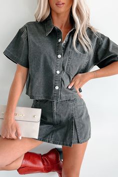 Tory Boxy Denim Button-Up Shirt (Washed Grey) - NanaMacs Waxed Denim, Casual Night Out, Flying Monkey Jeans, Denim Material, Denim Coat Jacket, Basic Dress, Work Tops, Short Mini Dress, Cutout Dress