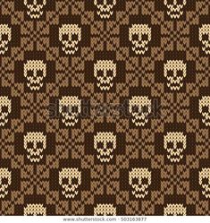 the knitted pattern with skulls and hearts on brown, beige and black colors background