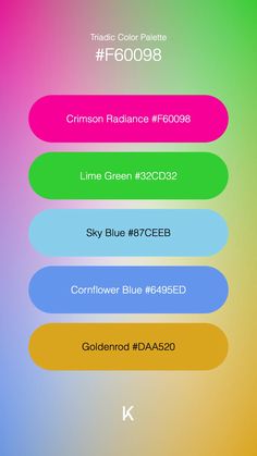 Triadic Color Palette Crimson Radiance #F60098 · Lime Green #32CD32 · Sky Blue #87CEEB · Cornflower Blue #6495ED · Goldenrod #DAA520 Vibrant Energy, Hex Colors, Colour Combinations, Cornflower Blue, Burgundy Red, Unique Colors, Color Trends