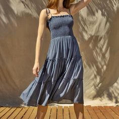 Sleevless Dress, Baby Garments, Dress Denim, Hoco Dresses, Women Clothing Boutique, Tiered Dress, Clothing Boutique, Sophisticated Style, Denim Blue