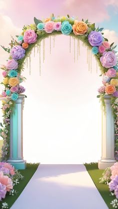 an archway with flowers and greenery on the sides, in front of a blue sky