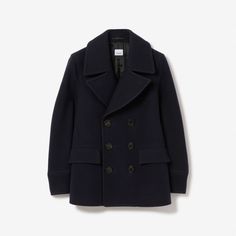 Wool Blend Pea Coat in Navy - Men | Burberry® Official Luxury Navy Outerwear With Lapel Collar, Luxury Winter Peacoat With Double-breasted Button Fastening, Luxury Winter Peacoat With Double-breasted Button, Modern Double-breasted Pea Coat For Business, Luxury Navy Peacoat For Fall, Luxury Navy Wool Outerwear, Navy Winter Outerwear With Concealed Placket, Modern Business Pea Coat With Double-breasted Fastening, Modern Business Pea Coat With Double-breasted Button