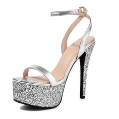 Shop Silver Glitter Platform Ankle Strap Sandals Open Toe Stiletto High Heel Sandals color Silver for Music Festival, Night Club, Party, Red Carpet with worldwide Free shipping & Free return. Party Platform Sandals With Closed Toe, Party Season Platform Sandals With Open Heel, Platform Sandals With Round Toe For Party Season, Platform Sandals With Closed Toe For Party, Platform Closed Toe Sandals For Party, Party Season High Heel Sandals With Heel Strap, Party Season Sandals With Heel Strap And Round Toe, Prom Sandals With Glitter And Closed Toe, Prom Sandals With Round Toe For Party Season