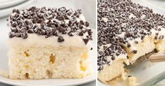 two pictures of a cake with chocolate chips on it and one has a bite taken out of it