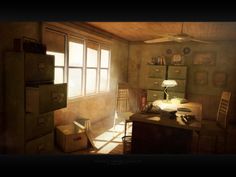 an image of a room with sunlight coming in through the window and boxes on the desk