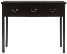 a black table with three drawers and two gold handles on the bottom, against a white background