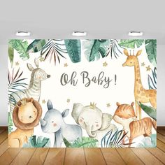 an elephant, giraffe and zebra baby shower curtain with the words oh baby on it