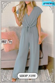 Summer Fashion Wild Lace Up Button Female Jumpsuit Spring V-neck Jumpsuits And Rompers With Buttons, Casual V-neck Jumpsuits And Rompers With Button Closure, Casual V-neck Jumpsuit With Button Closure, Trendy Solid Color Jumpsuits And Rompers With Buttons, Spring Solid Color Jumpsuits And Rompers With Buttons, Spring Jumpsuits And Rompers With Buttons, Solid Color Jumpsuits And Rompers For Spring Workwear, Chic Solid Color Jumpsuits And Rompers With Button Closure, Chic Solid Jumpsuits And Rompers With Button Closure