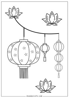 chinese lanterns and lotus flowers hanging from a line