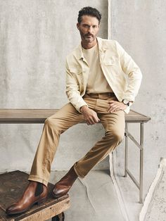 A true classic in every sense of the word, these chinos combine the comfort of our signature Charisma straight leg with the elegance of a trouser. A higher back rise and carefully tailored fit ensure superior movement while flattering the silhouette and creating a distinguished look. Buttery soft twill finished in a khaki hue has an upscale appearance and maximum comfort that confirm this pant earns a spot in every man’s closet as a dressy staple. - - - 11" front rise 16.5" back rise 26" thigh 1 Men's Chinos, Mens Upscale Casual Outfit, Attractive Outfits Men, Relaxed Fit Khaki Chinos Straight Pants, Mens Khaki Pants, Mens Khaki Pants Outfit, British Khaki Pants Outfit Men, Classic Straight Fit Chinos With Pockets, Khaki Chinos For Fall, Straight Cut