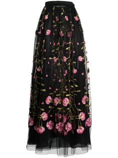 black/rose pink tulle overlay all-over floral embroidery high waist side zip fastening straight hem ankle-length Gonna In Tulle, Tulle Maxi Skirt, Embroidered Tulle, Floral Maxi Skirt, Printed Maxi Skirts, Embroidered Skirt, Pink Tulle, Pink Floral Dress, Pleated Maxi