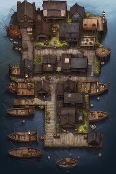 an island with lots of houses and boats floating on top of it in the water