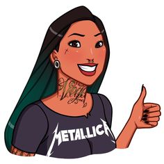 a woman with green hair and piercings giving the thumbs up while wearing a metalica t - shirt