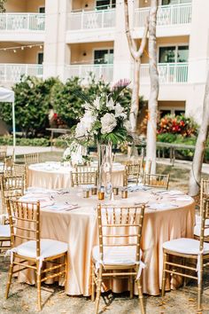 the tables are set up for an outdoor wedding reception