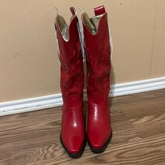 Western Boots, Size 7, Color Red Red Fitted Heeled Boots With Square Toe, Western Style Red Leather Mid-calf Boots, Red Western Heeled Boots With Snip Toe, Red Leather Snip Toe Mid-calf Boots, Trendy Red Boots With Square Toe, Fall Red High Heel Mid-calf Boots, Red High Heel Mid-calf Boots For Fall, Red Mid-calf Boots With Round Toe For Winter, Trendy Red Square Toe Boots