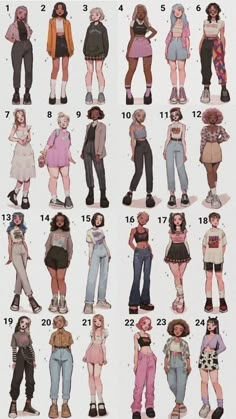 an image of some people with different clothes and hair styles in each section, including the same