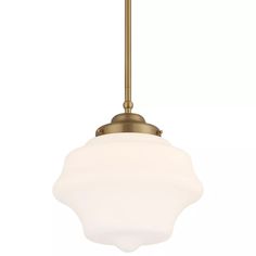 a light fixture with a white glass shade on the bottom and an antique brass finish