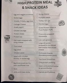 a high protein meal and snack ideas list on a white paper sheet with black writing