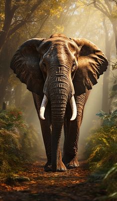 an elephant walking down a dirt road in the middle of a forest with tall trees