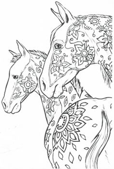 two horses that are standing next to each other in black and white coloring book pages