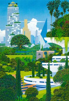 a painting of a city with trees, bushes and buildings in the backround