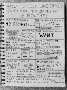 a spiral notebook with instructions on how to sell like crazy and make them online in 6 months