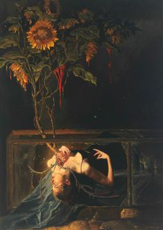 a painting of a woman laying down next to a vase with sunflowers in it