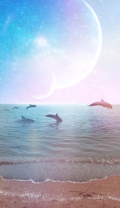 three dolphins are swimming in the ocean under a blue and pink sky with stars above them