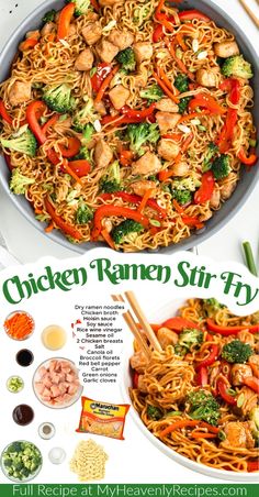 chicken ramen stir fry in a pan with chopsticks