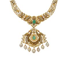 This intriguing 22k gold Indian necklace features a spectacular assortment of emeralds, cz stones, pearls, and rubies along with beautiful engraved depictions of peacock birds. It's unique design and style makes this 22k gold necklace ideal for special occasions and events that call for the addition of luxurious Indian jewelry. Features • 22k yellow gold • Cubic zirconia • Emerald • Pearl • Ruby As a leading gold Indian jewelry store in the USA, we are proud to offer a wide selection of beautifu Luxury Yellow Gold Kundan Necklace With 17 Jewels, Luxury Gemstone Temple Necklace, Luxury 22k Gold Necklace, Luxury Yellow Gold Ruby Temple Necklace, Luxury Yellow Temple Jewelry, Gold Indian Necklace, Gold Indian Jewelry, Temple Necklace, 22k Gold Necklace