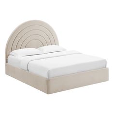 a bed with a white headboard and pillows on it's sides, in front of a white background