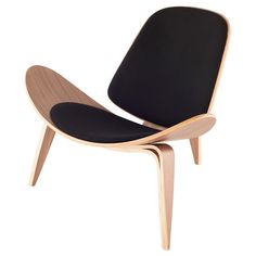 an image of a chair that is made out of wood and black upholstered