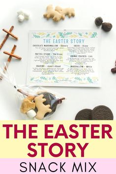 the easter story snack mix is shown with cookies and marshmallows