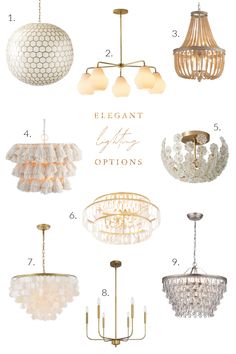 chandeliers and lights with the words elegant lighting options in gold, white, and pink