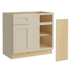 a white kitchen cabinet with two doors and one cupboard door is open to reveal the bottom drawer